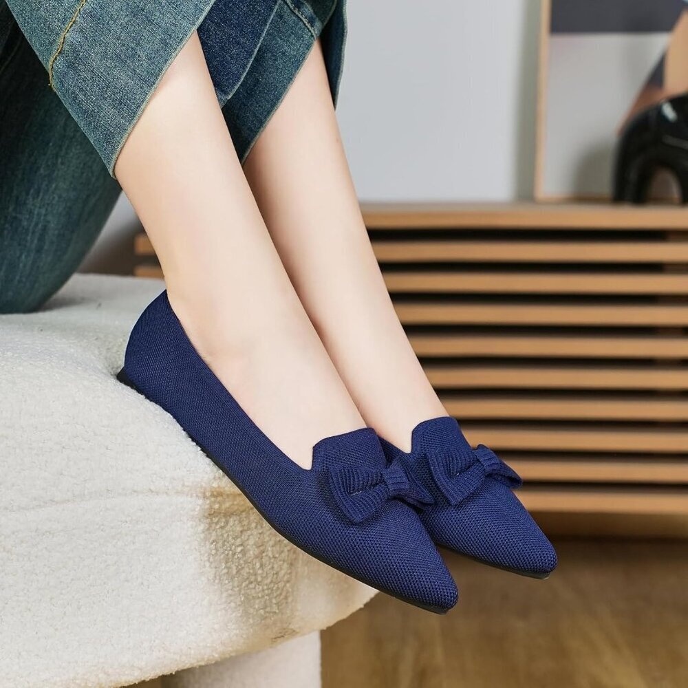 Women Navy Pointed Toe Dressy Comfortable Knit Breathable Mesh Ballet Flats - Picture 6 of 7